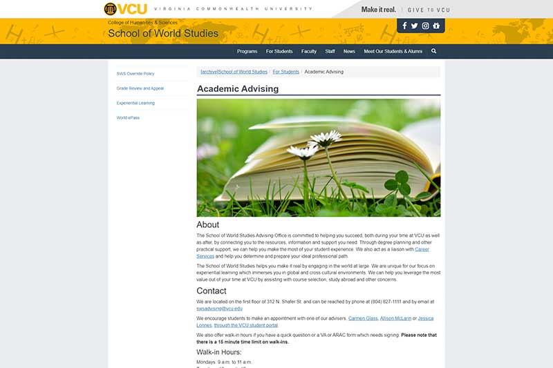 View a detail of the old worldstudies.vcu.edu academic advising page v.c.u. school of world studies academic advising web page before redesign