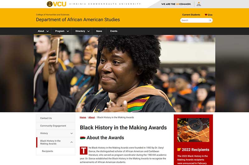View the live, redesigned afam.vcu.edu Black History in the Making Awards page