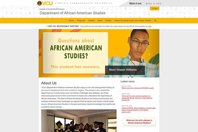 View a detail of the old afam.vcu.edu home page the v.c.u. department of african american studies home page before its redesign