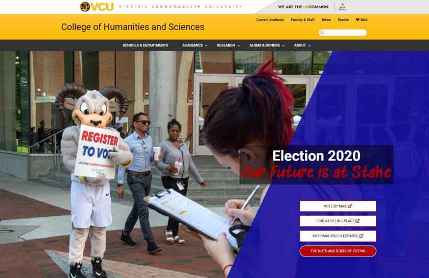 screenshot of the v.c.u. college of humanities and sciences election 2020 web page with mascot rodney the ram leading a campus voter registration