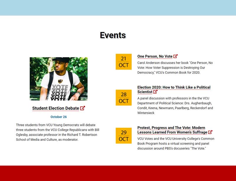 events section of the v.c.u. college of humanities and sciences election 2020 web page