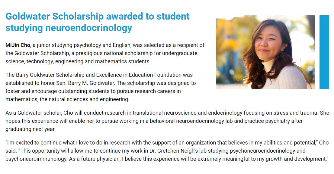 an article on a webpage titled 'goldwater scholarship awarded to student studying neuroendocrinology'