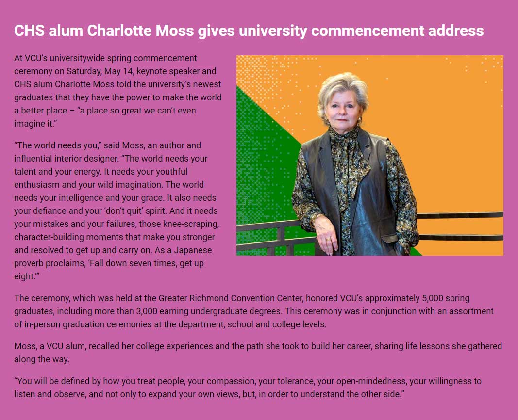 an article from a web page titled 'c.h.s. alum charlotte moss gives university commencement address'