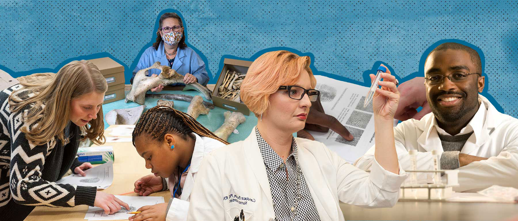 v.c.u. forensic science professors and students in various academic endeavors, such as examining liquid in a test tube and working with skeletal remains