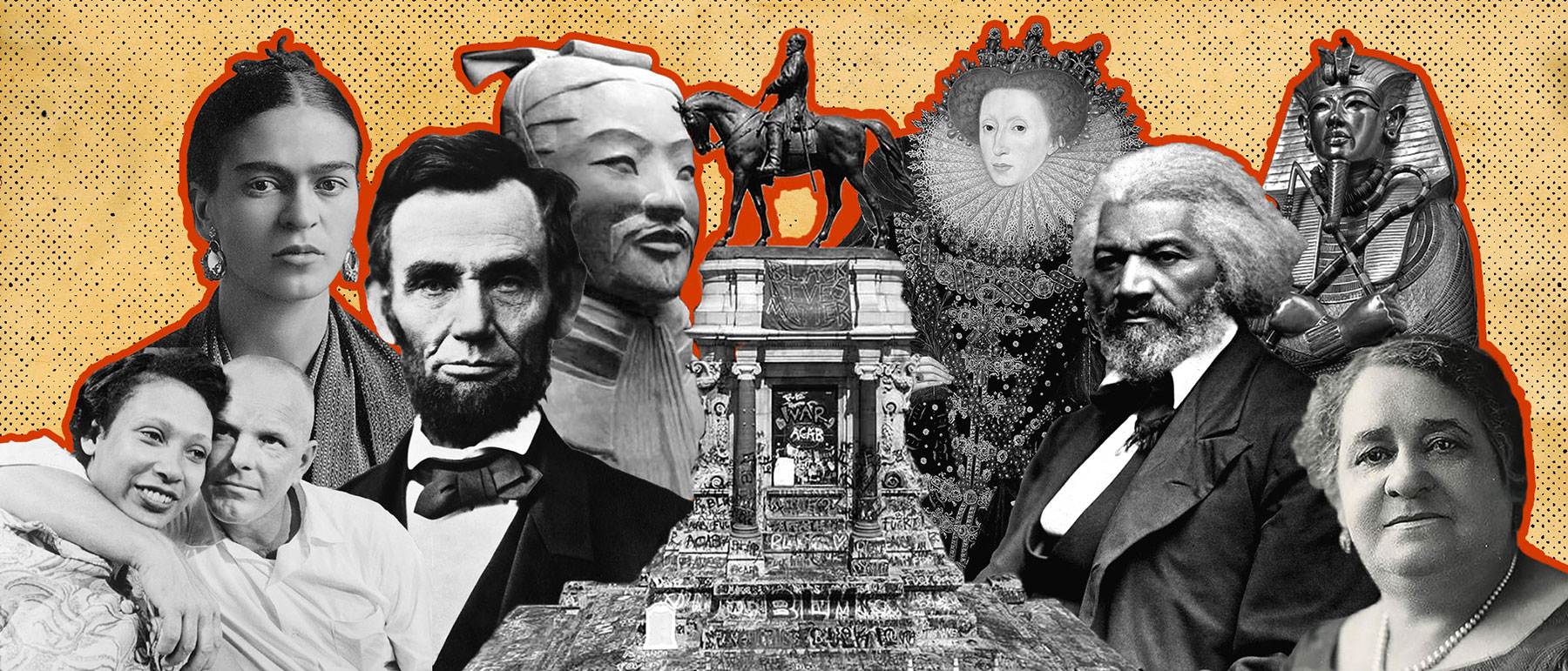 Visit the redesigned Department of History website historical figures such as frederick douglas, maggie walker, abraham lincoln, and king tut with the robert e. lee statue graffitied from summer 2020 black lives matter protests in the center