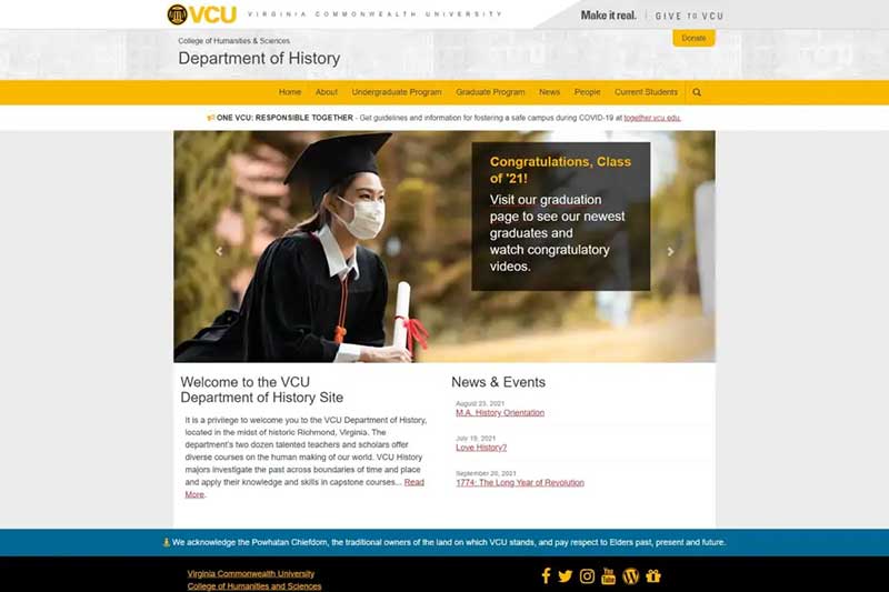 View a detail of the old history.vcu.edu home page history.vcu.edu home page with a v.c.u. student in commencement regalia holding a diploma