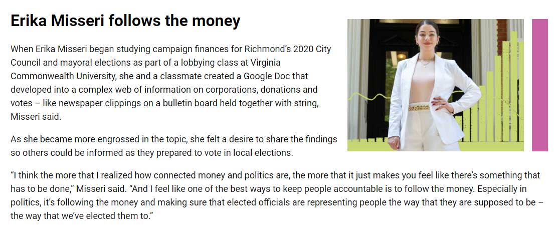 article from a web page titled 'erika misseri follows the money' with accompanying text