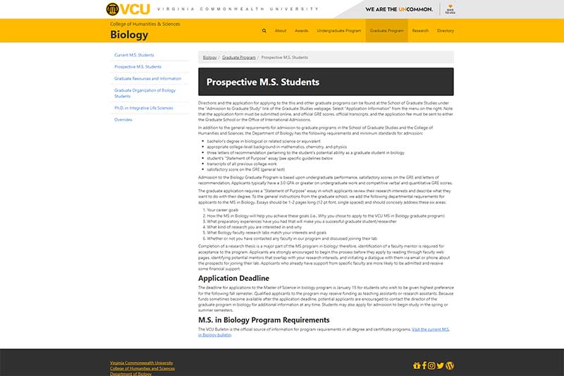 View a detail of the old M.S. in Biology page prospective v.c.u. m.s. students web page before it was redesigned with lots of text and very unengaging