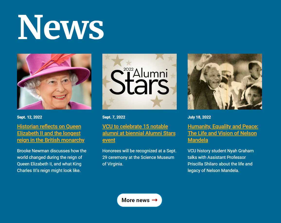 homepage newsfeed from the history.vcu.edu website showing three news features