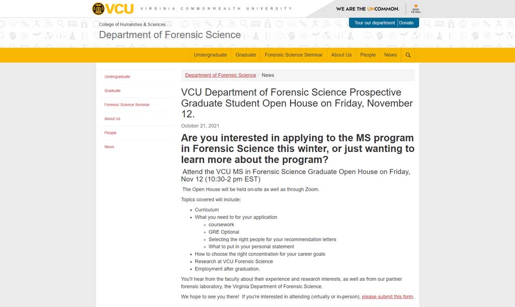 View live page. a news article from the old v.c.u. forensic science website titled 'v.c.u. department of forensic science prospective graduate student open hours on friday november 12'