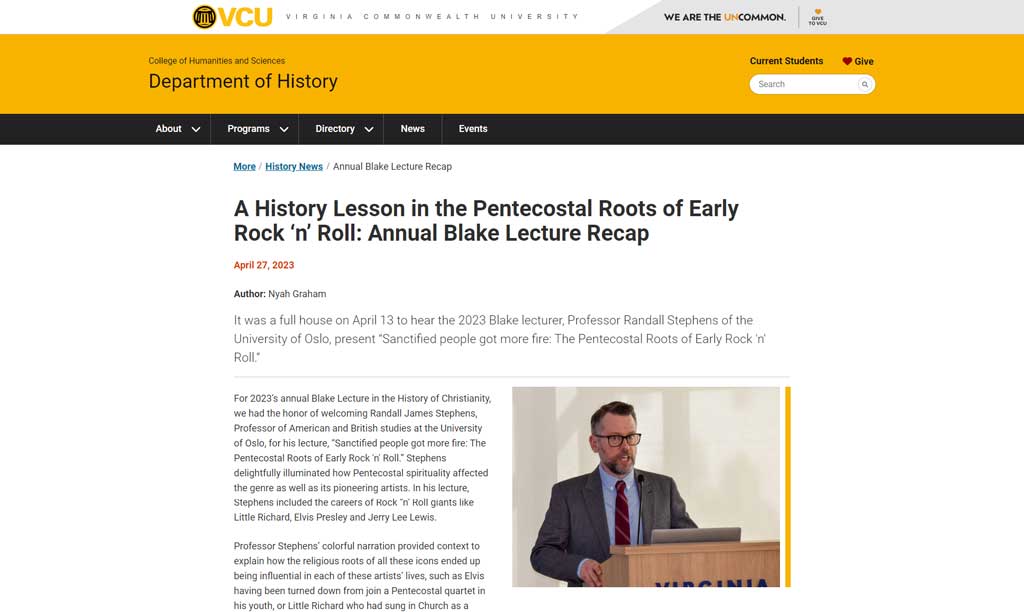 View live page. screenshot of a news article from the v.c.u. department of history website called 'a history lesson in the pentecostal roots of early rock-n-roll: annual blake lecture recap'