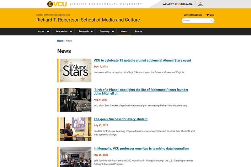 View the live, redesigned robertson.vcu.edu news page v.c.u. robertson school of media and culture news page after redesign