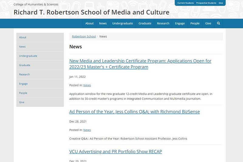 View a detail of the old robertson.vcu.edu news page v.c.u. robertson school of media and culture news page before redesign