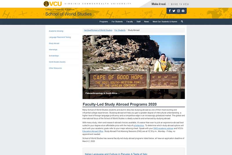 View a detail of the old worldstudies.vcu.edu study abroad page v.c.u. school of world studies study abroad web page before redesign