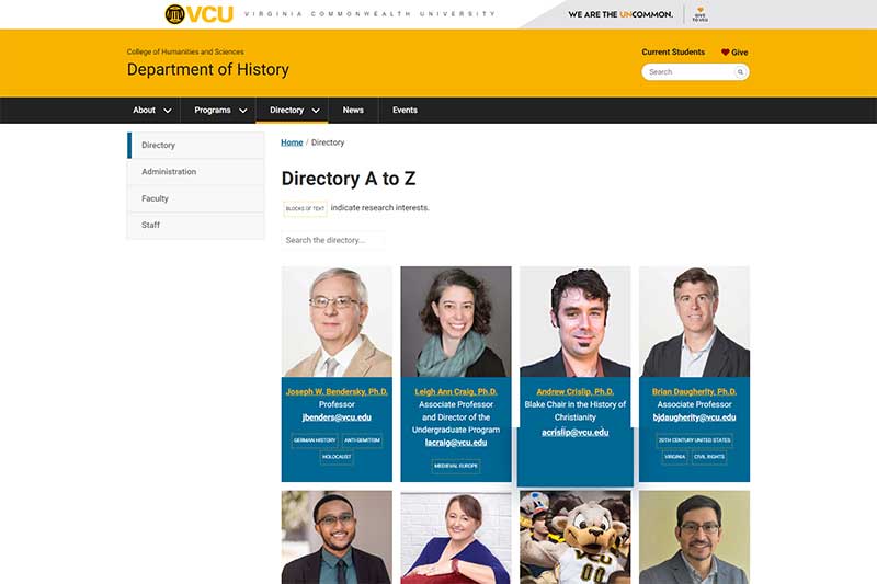 screenshot of the v.c.u. department of history directory page after redesign