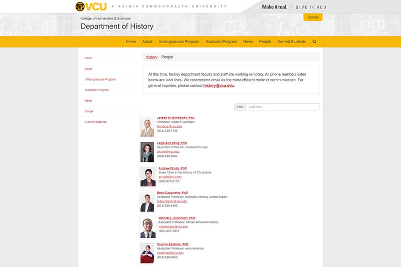 View a detail of the old history.vcu.edu staff directory page v.c.u. department of history staff directory web page ahead of redesign