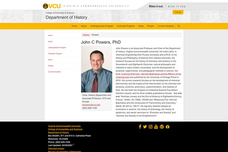 v.c.u. department of history individual staff listing web page for john c. powers p.h.d. before redesign