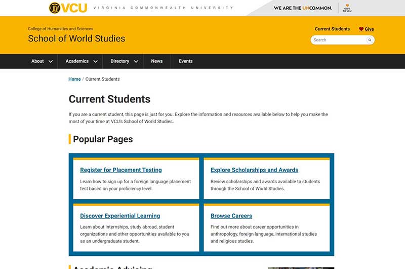 View the live, redesigned worldstudies.vcu.edu current students and advising page v.c.u. school of world studies current student web page after redesign