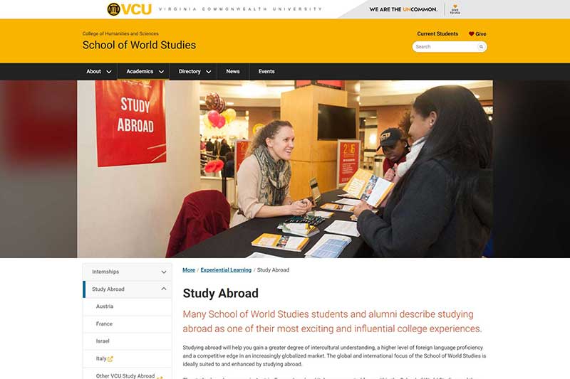 View the live, redesigned worldstudies.vcu.edu study abroad page v.c.u. school of world studies study abroad web page after redesign