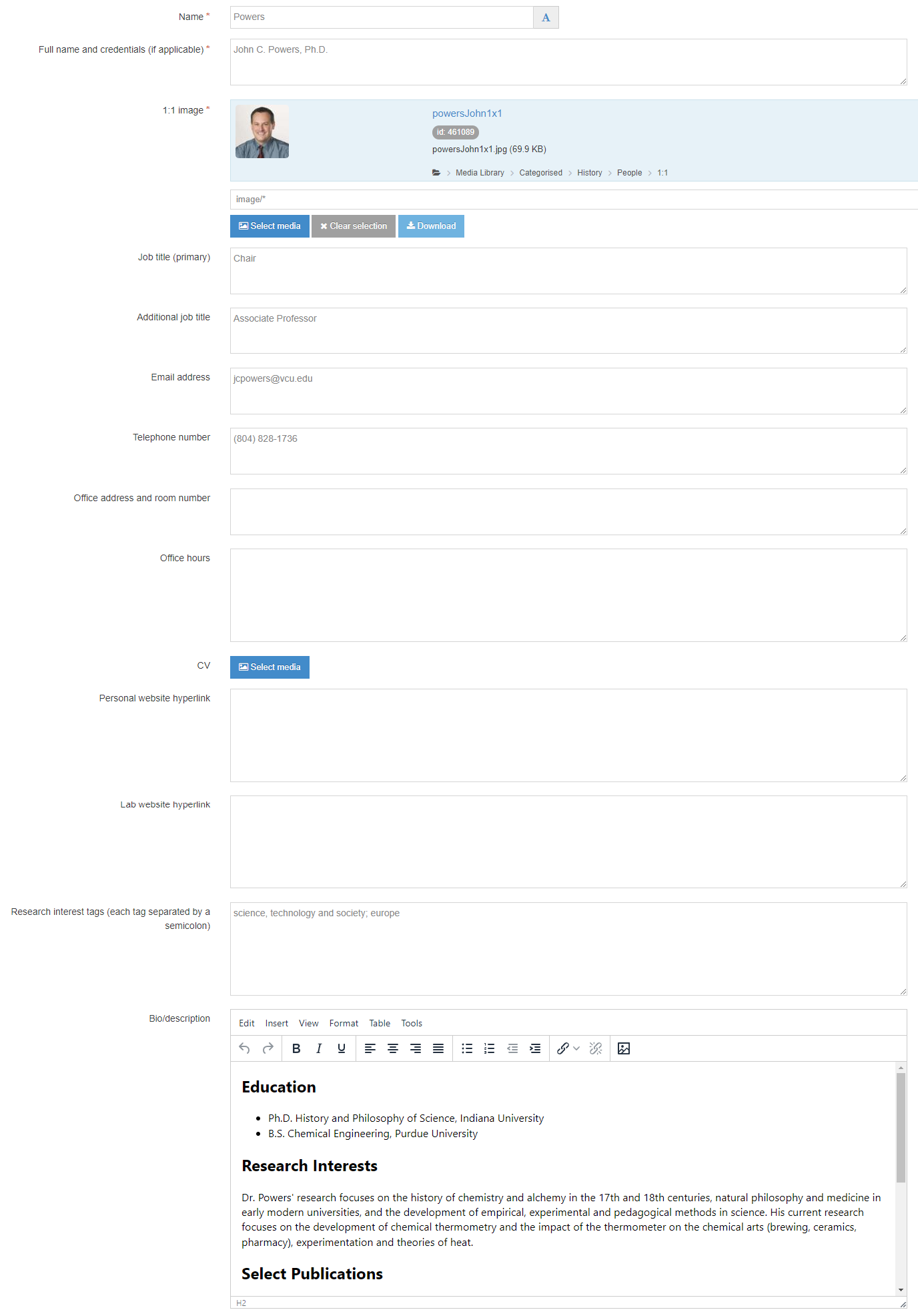 screenshot of the user input fields in the new staff directory plugin