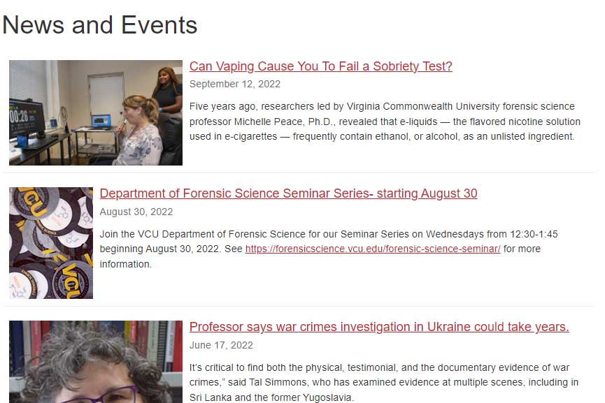 a news and events web page screenshot from the forensic science department at virginia commonwealth university