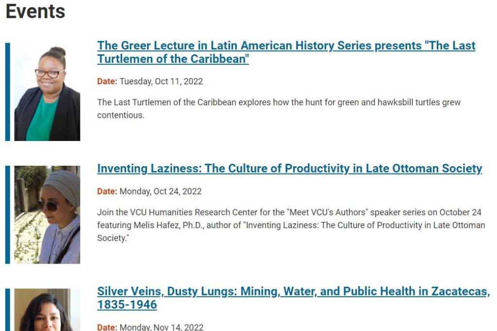 a news and events web page screenshot from the history department at virginia commonwealth university