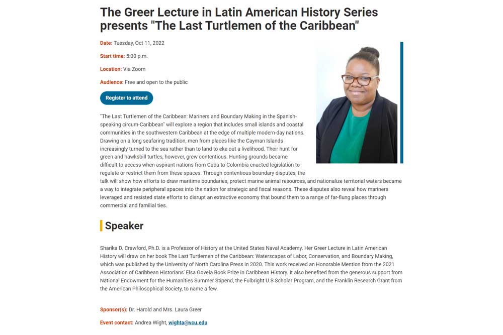 a web page screenshot advertising an event in the department of history at virginia commonwealth university