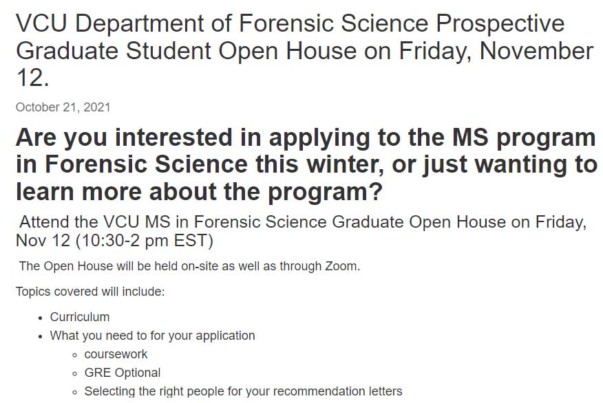 a web page screenshot advertising an event in the department of forensic science at virginia commonwealth university