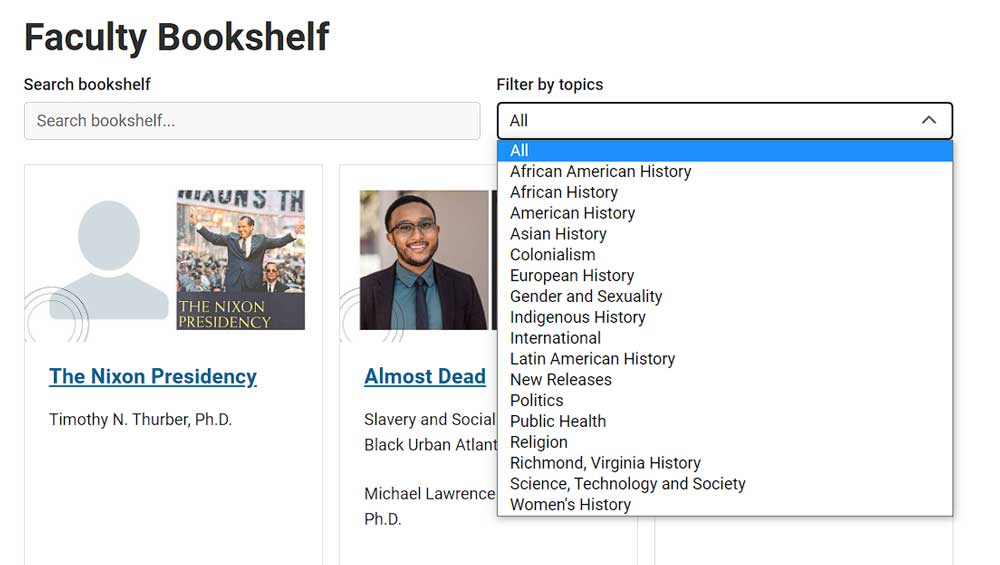 screenshot of a portion of a web page demonstrating a drop-down menu of research topics in a faculty bookshelf