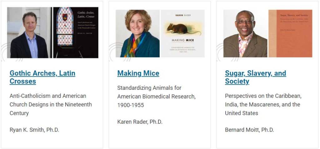 three authors positioned alongside their respective publications