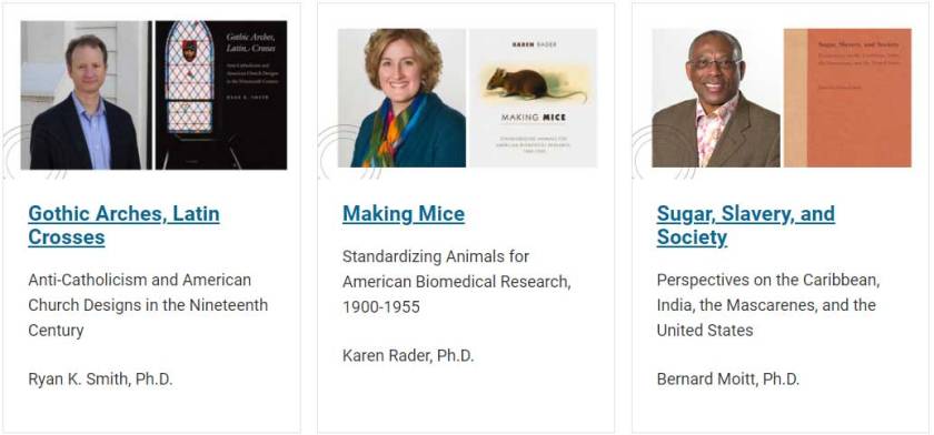 three authors positioned alongside their respective publications