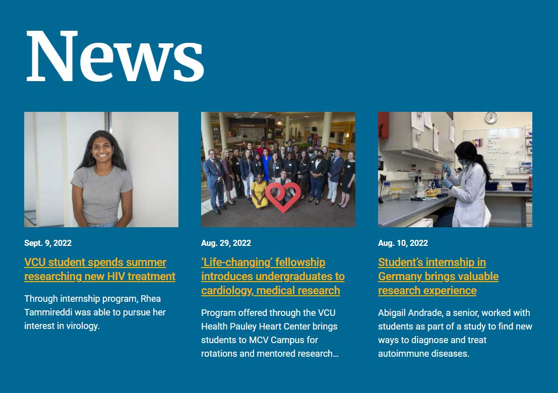 a news feed on the home page of the v.c.u. department of biology showing three articles