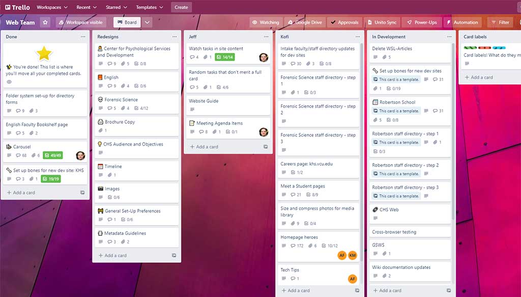 trello workspace for the redesign project showing various web redesign tasks assigned to different team members